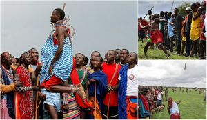 Кенийские воины соревнуются в беге, прыжках и метании копья во время Масайской Олимпиады 2018