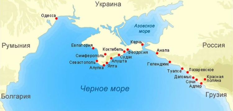 Подробная карта Черноморского побережья России и его курорты