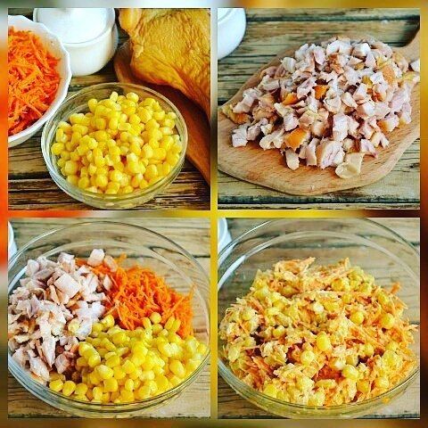 2. Салат с копченой курицей, сухариками и корейской морковью