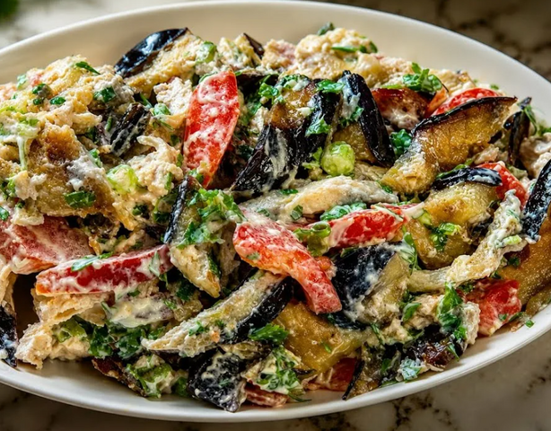 Салат с баклажанами, курицей и огурцами: сытное блюдо с нежной заправкой
