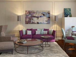 Фиолетовый диван, небесные стены и синяя детская: квартира с характером для молодой семьи