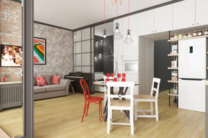 Как разместить кухню-гостиную, круглый стол, двуспальную кровать и кабинет в однокомнатной квартире