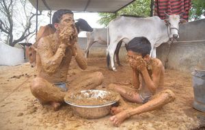 Индиец устраивает для себя и сына навозные «ванны»
