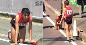 Японская бегунья не смотря на перелом добралась до финиша
