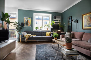 Небольшая шведская квартира с зеленой гостиной (39 кв. м)