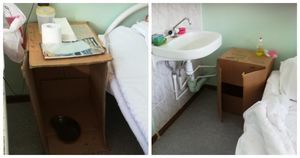 Модернизация в одном фото: в больнице города Волжский появились тумбы из картона (8 фото + 1 видео)