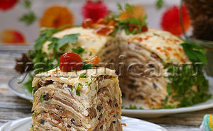Вкусный домашний блинный торт с грибной начинкой – пошаговый фото рецепт