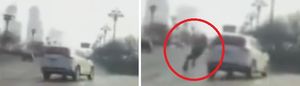 На видео засняли человека, внезапно выпавшего из ниоткуда на дорогу