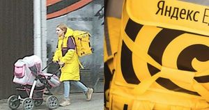Необычное фото — девушка с рюкзаком «Яндекс.Еды» катит коляску