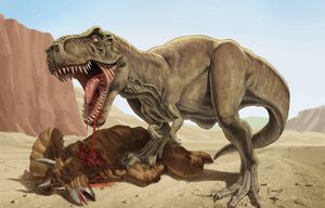 Тираннозавр и его скелет в масштабе для сравнения