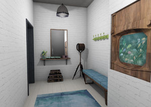 Квартира в стиле лофт с белыми кирпичными стенами, мебелью из паллет и амбарными дверьми