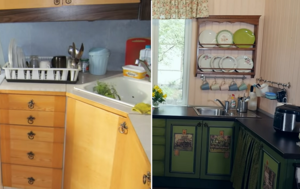 Хозяева превратили старый кухонный гарнитур в дизайнерскую мебель для дачи