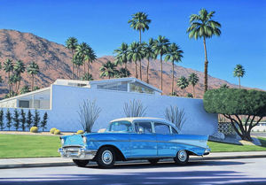 Старинные автомобили, пальмы и бассейны на заднем дворе в Калифорнии на картинах Дэнни Хеллера