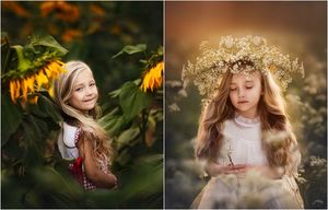 Мама-фотограф делает портреты дочки с цветами в разное время года