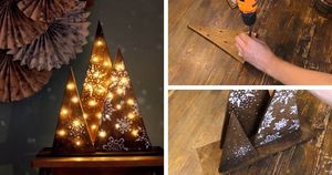Из простой деревяшки и гирлянды можно сделать красивую новогоднюю композицию «Светящиеся ёлочки»