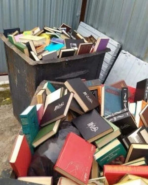 Вот картинка с книгами, выброшенными в мусорные контейнеры