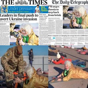 Сегодня первые полосы британских СМИ вышли с фото старухи, лежащей с автоматом на коврике