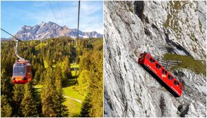 Как швейцарцы туристов развлекают, катая в вагончиках чуть ли не по вертикальным склонам гор