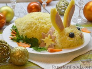 Салат "Кролик" с ветчиной, рисом, кукурузой и огурцом
