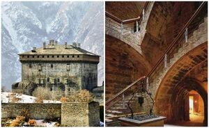 Монолитный замок Веррес на вершине скалистого утеса в итальянских Альпах