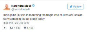 Премьер Индии выразил соболезнования России в связи с крушением Ту-154