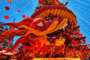 Дракон закрутился вокруг елки, красная лошадь, панда с панденышем и неведомая китайская зверушка