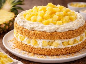 Тропический торт с ананасом, передающий атмосферу островного отдыха и ярких вкусов