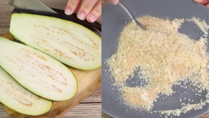 Баклажанные рулетики на шпажках с сырной начинкой и ветчиной