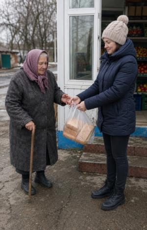 Не поднимая глаз, женщина тихо попросила: «Доченька, купи мне хлеба»
