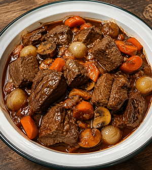 Говядина по-бургундски: мягкое мясо в насыщенном густом соусе на красном вине 
