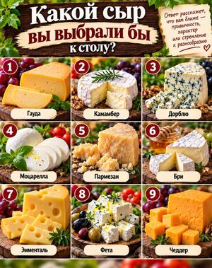 Какой сыр вы подали бы к столу? Ваш выбор покажет, что вам ближе — проверенная классика, яркий характер или любовь к разнообразию