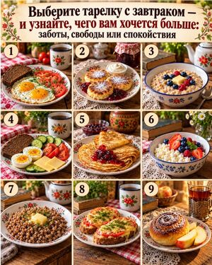 Выберите завтрак на картинке и узнайте, чего вам сейчас не хватает: заботы, свободы или душевного спокойствия