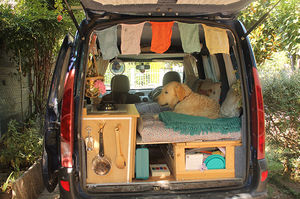 Девушка путешествует на старом фургоне со своей собакой