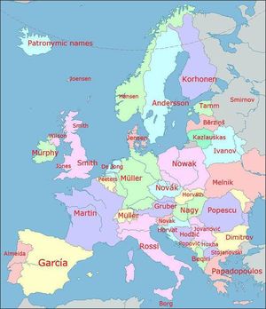 Карта самых распространенных фамилий в Европе