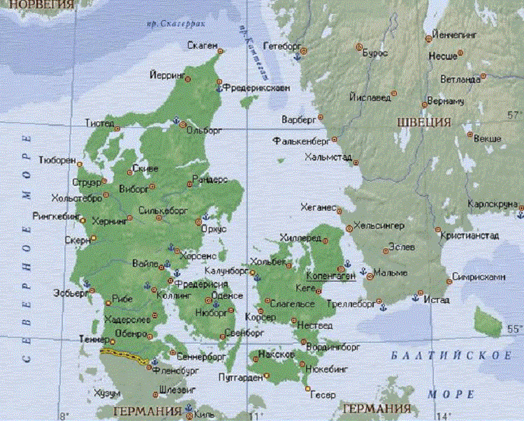 Карта дании на русском языке с городами подробная