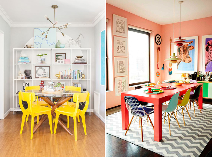Цветные столы. Разноцветные стулья в интерьере кухни. Разноцветные стулья в интерьере. Яркие цветные стулья в интерьере. Яркие цветные стулья в интерьере кухни.